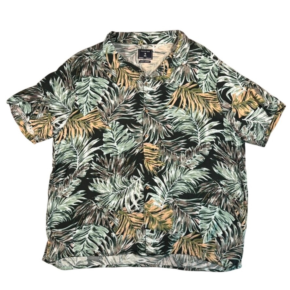 Pacific Blue Mens 4XL Tropical Palm Leaf Print Button Up Shirt Black Green Tan